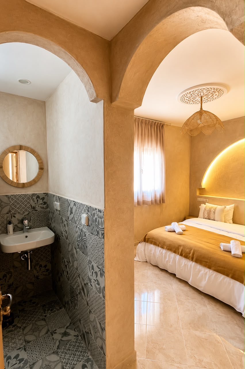 Arched doorways into a double room and its en-suite bathroom
