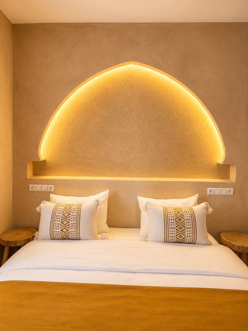 Double bed under a softly lit Moroccan arch at Yara Lodge