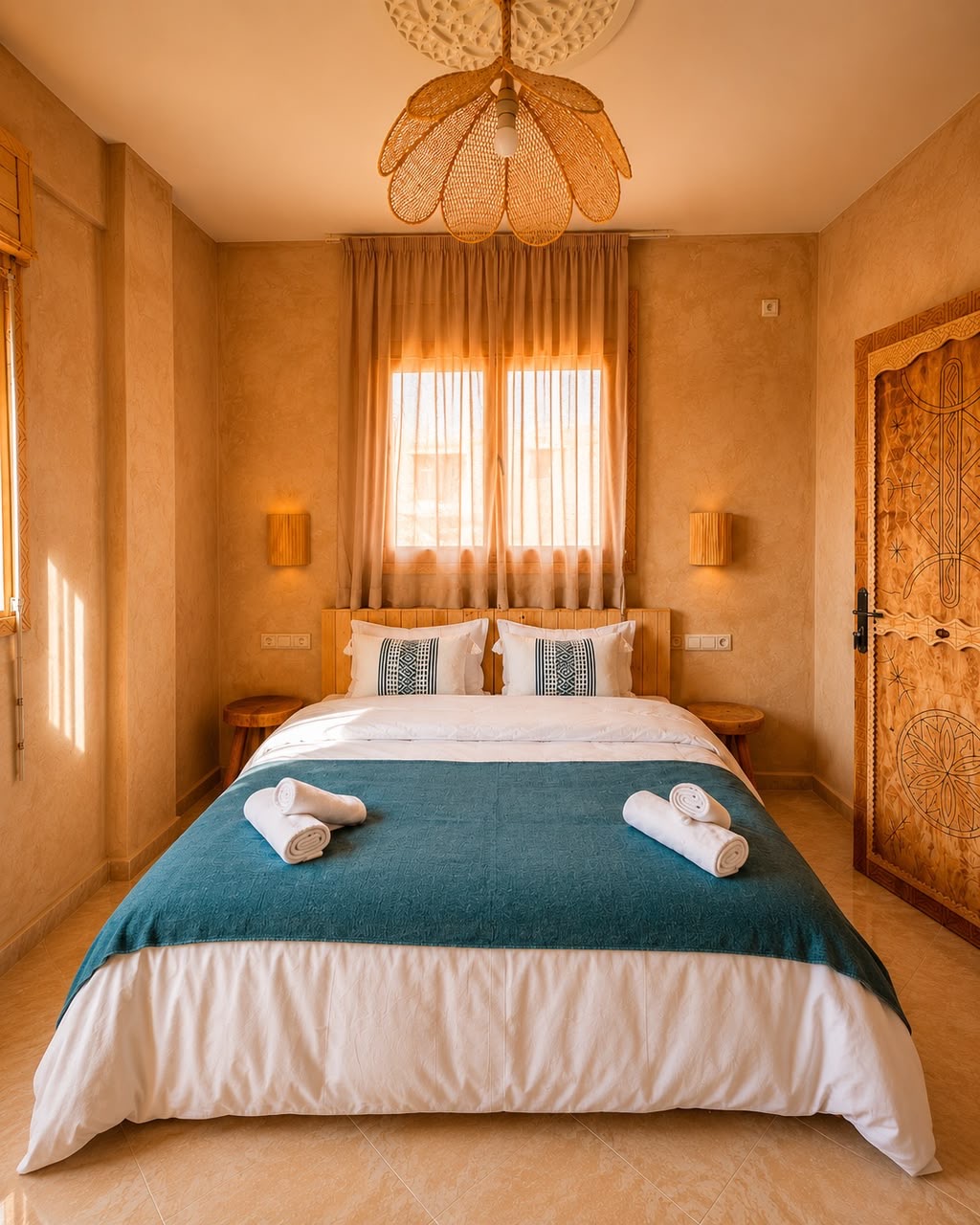 Double room at Yara Lodge with white linen, a teal throw and a carved wooden door