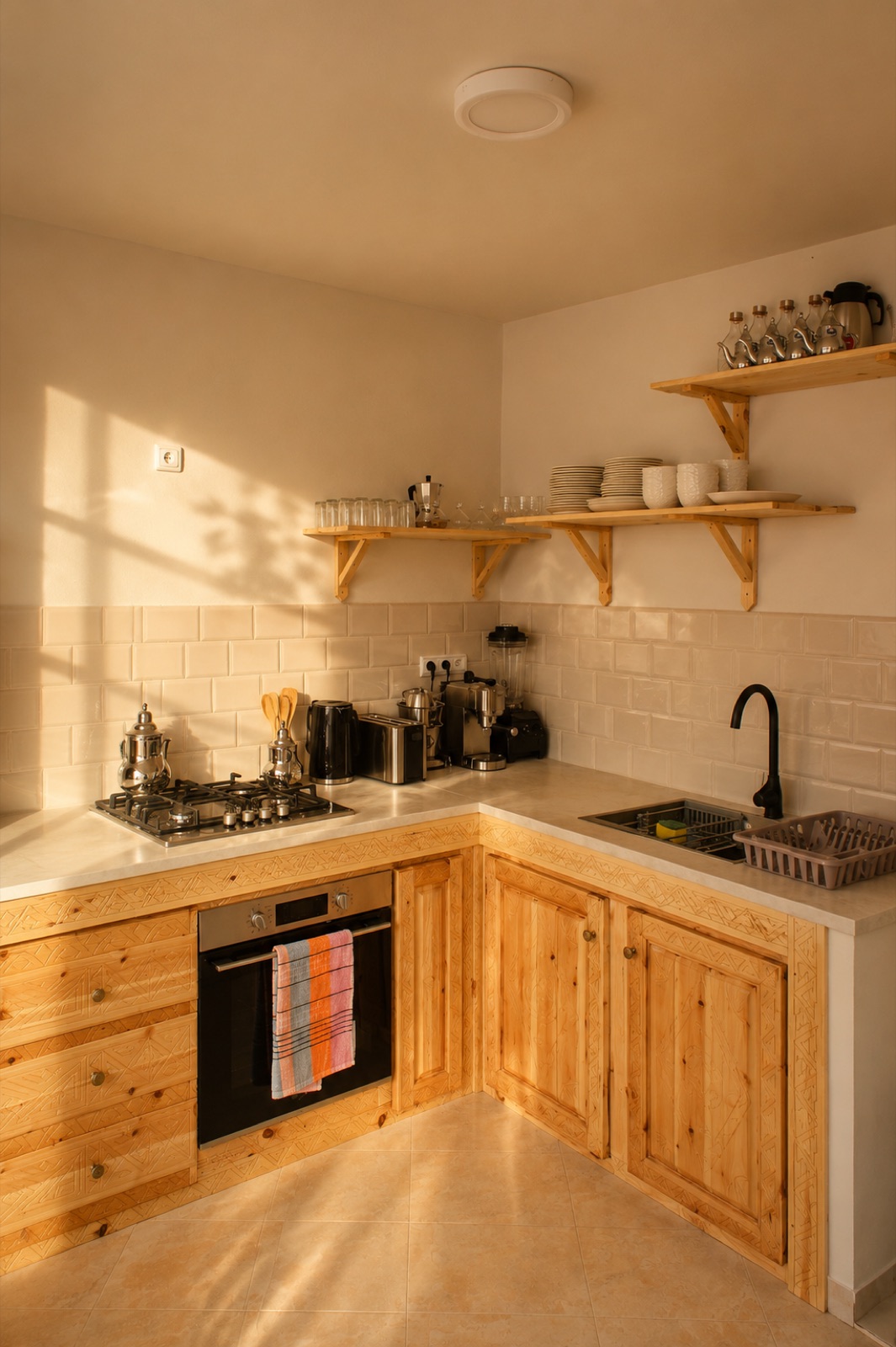 The Yara Lodge kitchen with wooden cabinets in morning light