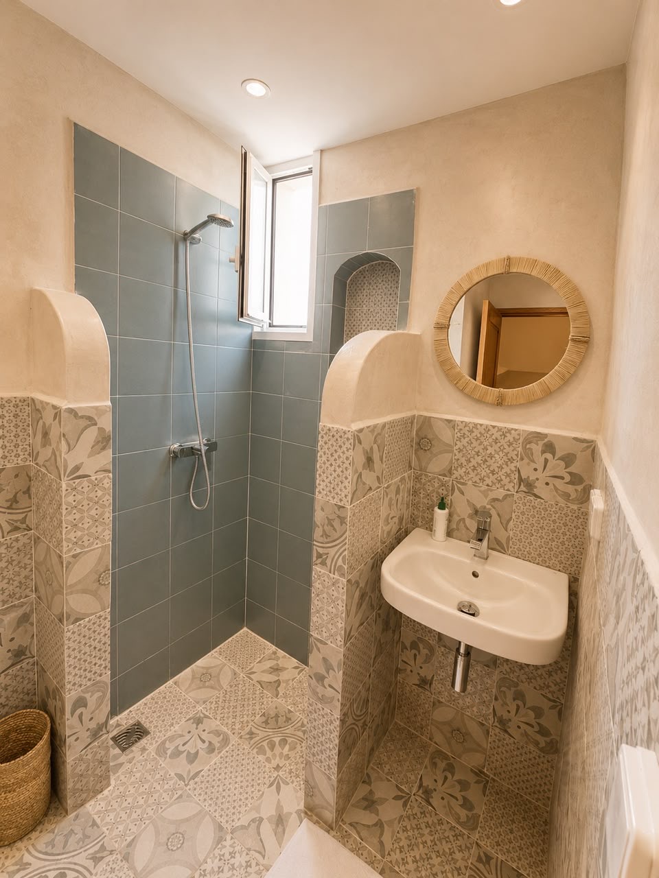 Shower room with blue tiles, patterned floor and a round mirror