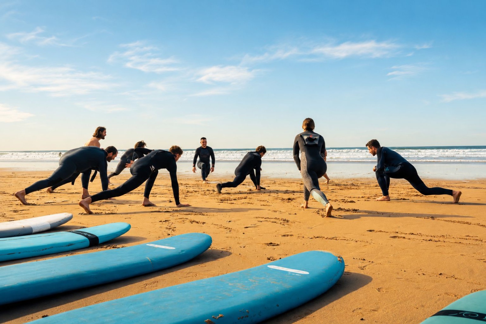 Surf lesson warm-up on the beach near Tamraght, boards lined up in the sand