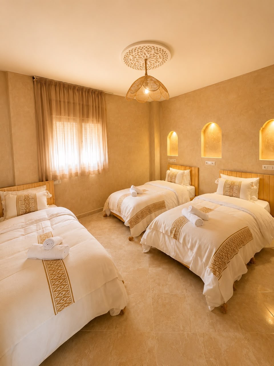 Triple room at Yara Lodge with three single beds in white linen