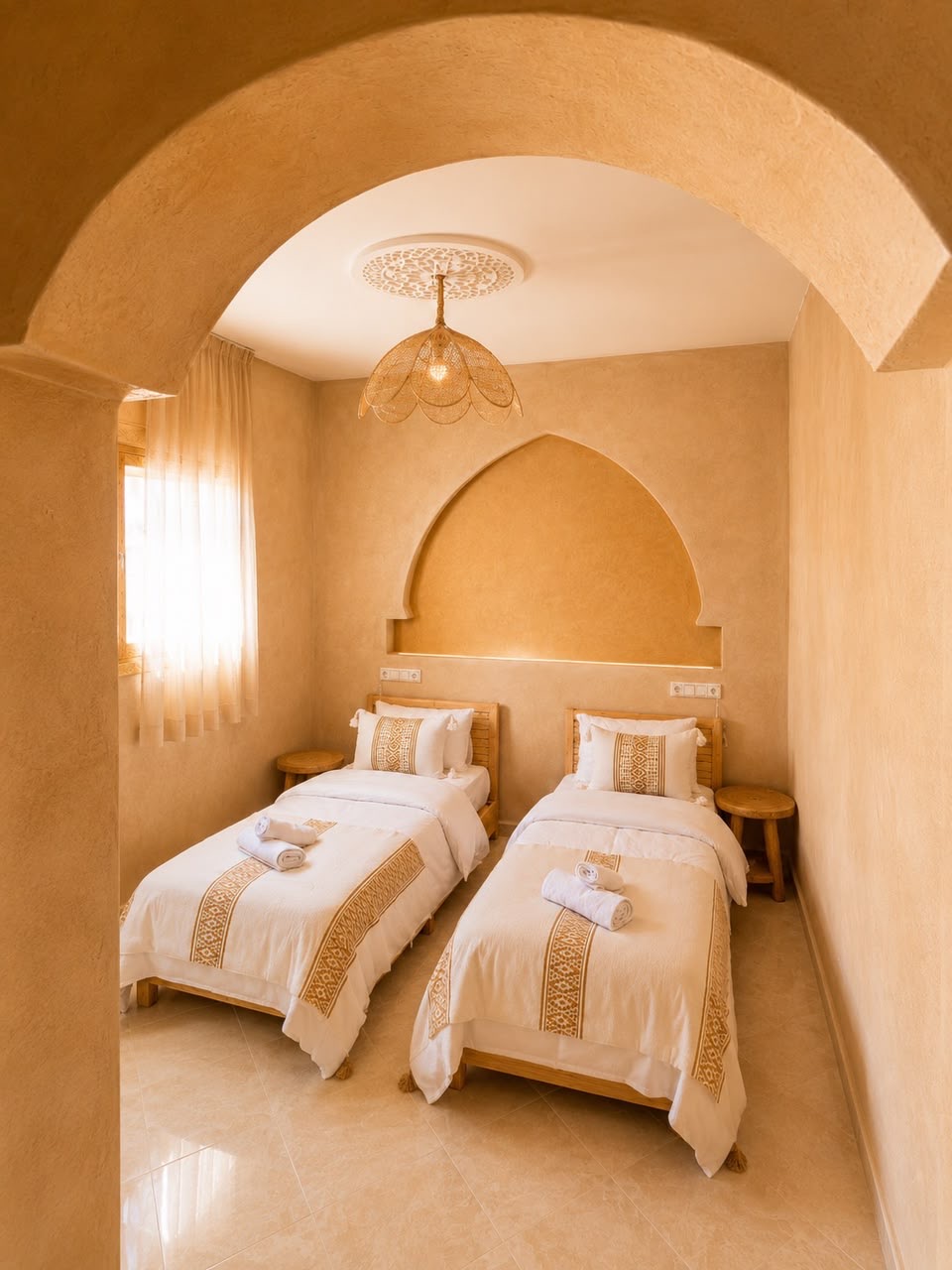 Twin room with two single beds under a Moroccan arch